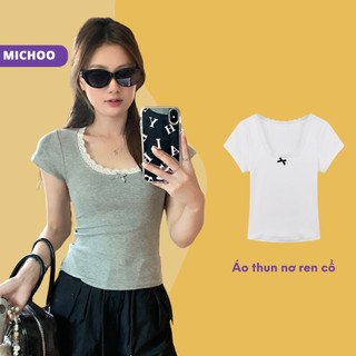 Áo Thun Nữ Cộc Tay Dáng Ôm MICHOO Viền Ren Cổ Nơ Ngực Babytee