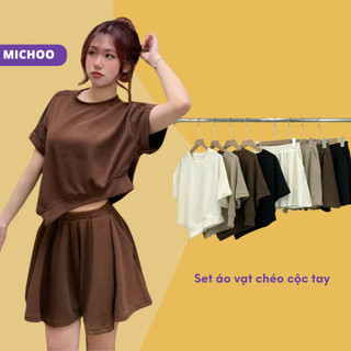 Set Áo Cộc Nữ Vạt Chéo Kèm Quần Short Dáng Váy MICHOO Thun Tăm Mát Mặc Hè Trẻ Trung