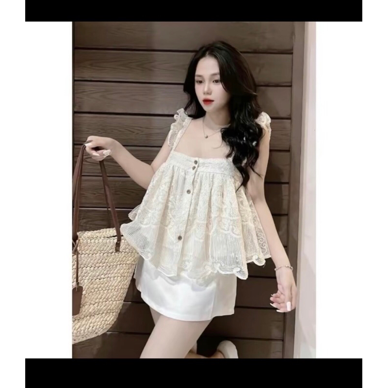 sét  Áo  babydoll  Ren Tay  cánh  Tiên  +chân  váy  Tapta Chữ A Nữ