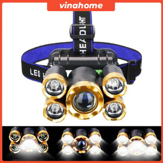Đèn pin đội đầu đeo trán 5 bóng siêu sáng kèm pin sạc siêu tiện lợi