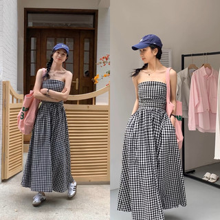 Đầm Quây Dài Caro Đen Lưng Chun (Hàng QC Loại 1) Váy Maxi Quây Dài Vintage Mùa Hè