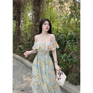 Đầm maxi voan họa tiết hoa kiểu bẹt vai thun eo nữ tính . Chất voan 2 lớp nhẹ nhàng phù hợp mặc hè đi biển