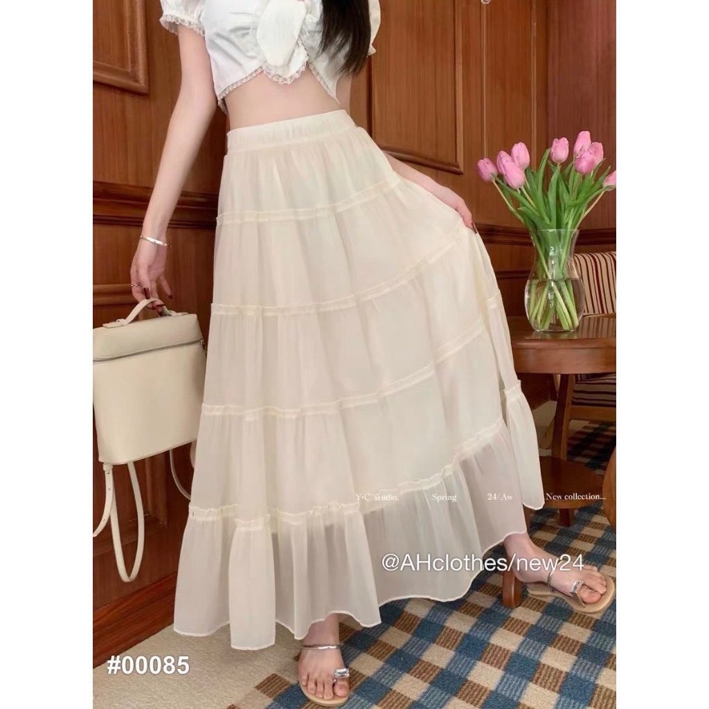 Chân váy Midi dáng xòe chất voan tơ 2 lớp dày dặn, chân váy xếp ly tầng dài