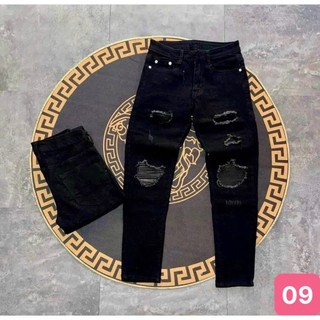 Quần jean nam rách vá da màu đen đậm trơn chất bò cao cấp co dãn tốt form dáng skinny Havado QA011 mẫu đẹp