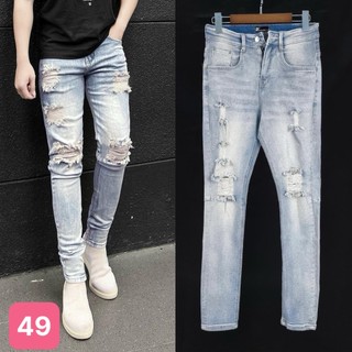 Quần jean nam rách gối màu xanh trơn chất bò cao cấp co dãn 4 chiều đẹp form dáng skinny boy phố Havado Q49 mẫu mới