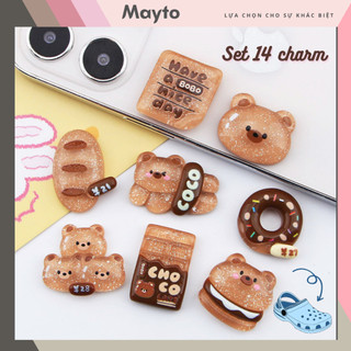 Bộ 14 Sticker, Charm 3D chủ đề gấu Choco Mayto gắn Dép Cross, Dép Sục, Cá Sấu JB-163