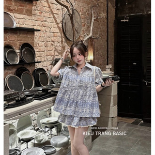 BIGSIZE HIẾU HIẾU (55-95KG) - Set bộ nữ babydoll ren hoa XANH thiết kế + Chân váy phối viền ren