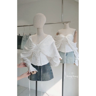 Set áo cánh dơi đan dây eo kèm chân váy jeans