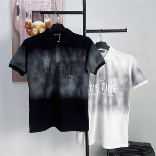 Áo thun nam POLO có cổ tay ngắn họa tiết dập nổi vải cotton co giãn màu trắng đen cao cấp-AHFASHION