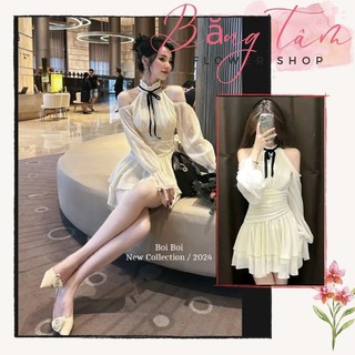 ĐẦM VÁY VOAN TƠ HỞ VAI CỔ THẮT NƠ VIỀN BÈO