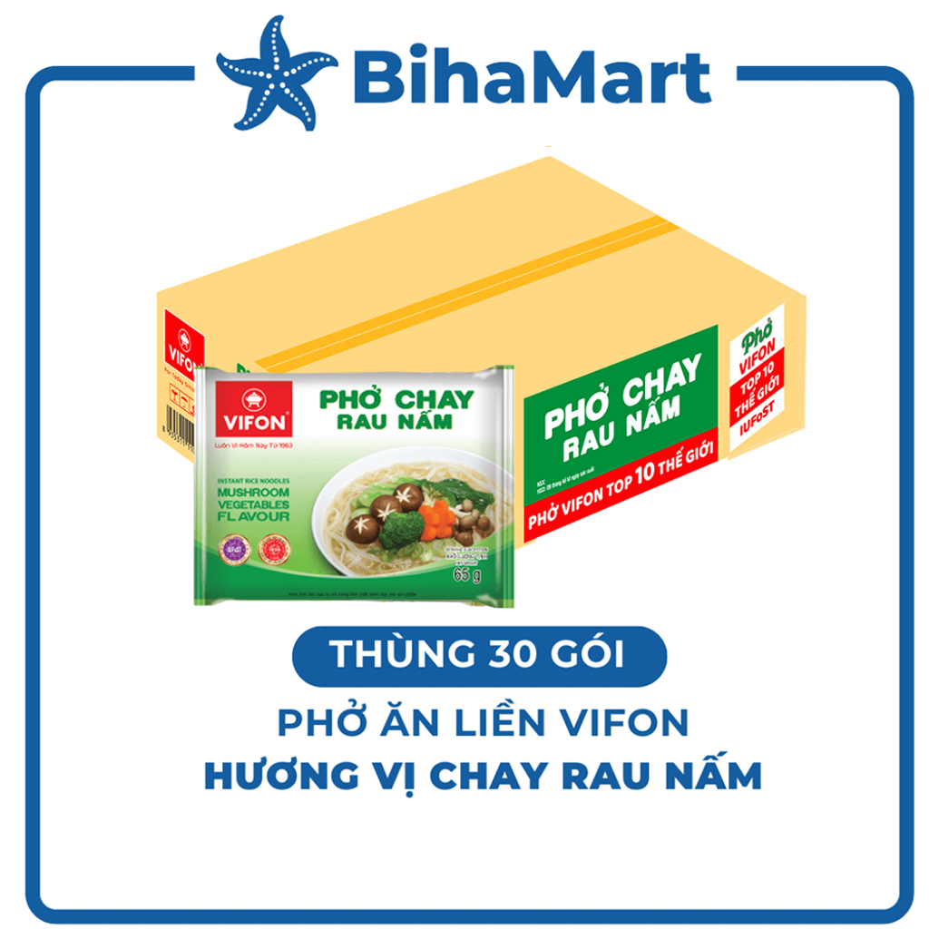 [THÙNG 30 GÓI] - VIFON – Phở Vifon ăn liền hương vị Chay Rau Nấm (65g/gói) – Phở ăn liền Vifon