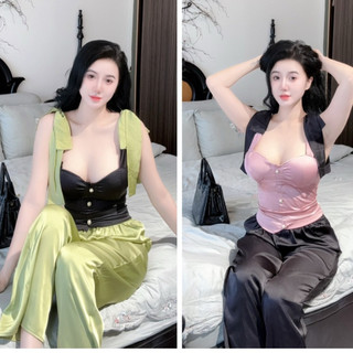 Đồ Bộ Nữ 2 Dây Áo Cột Nơ Có Mút Ngực Lụa Latin Mềm Mịn, Free Size 40-50kg, Quần Không Túi.