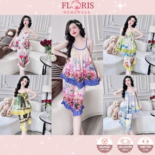 Bộ mặc nhà 2 dây quần lửng lụa latin mịn mát in 5D cute xinh floris homewear
