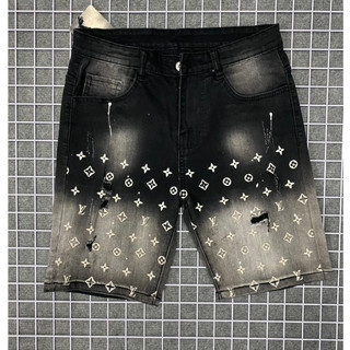 Quần short jean nam đen rách không co giãn thêu logo mẫu mới vải jean dày cao cấp-AHFASHION