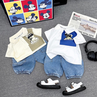 Quần áo bé trai, set bộ áo cotton có cổ họa tiết chú chó REALITY phối quần Short Jean cho bé 10-30kg