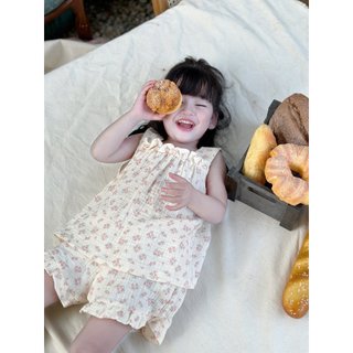 Bộ xô muslin họa tiết hoa vintage cho bé gái ( 2 màu )