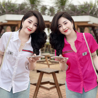 Áo sơ mi nữ ngắn tay chữ B viền ngực kiểu dáng hàn quốc, chất vải thô hàn mềm mịn thoáng mát S2266