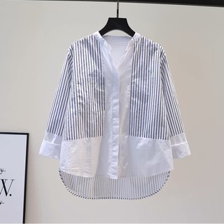 Áo Sơ Mi Nữ Kẻ Sọc Tay Lỡ Giấu Khuy Phom Dáng Hàn Quốc Chất Vải Thô Hàn Cotton Mềm Mịn S3232
