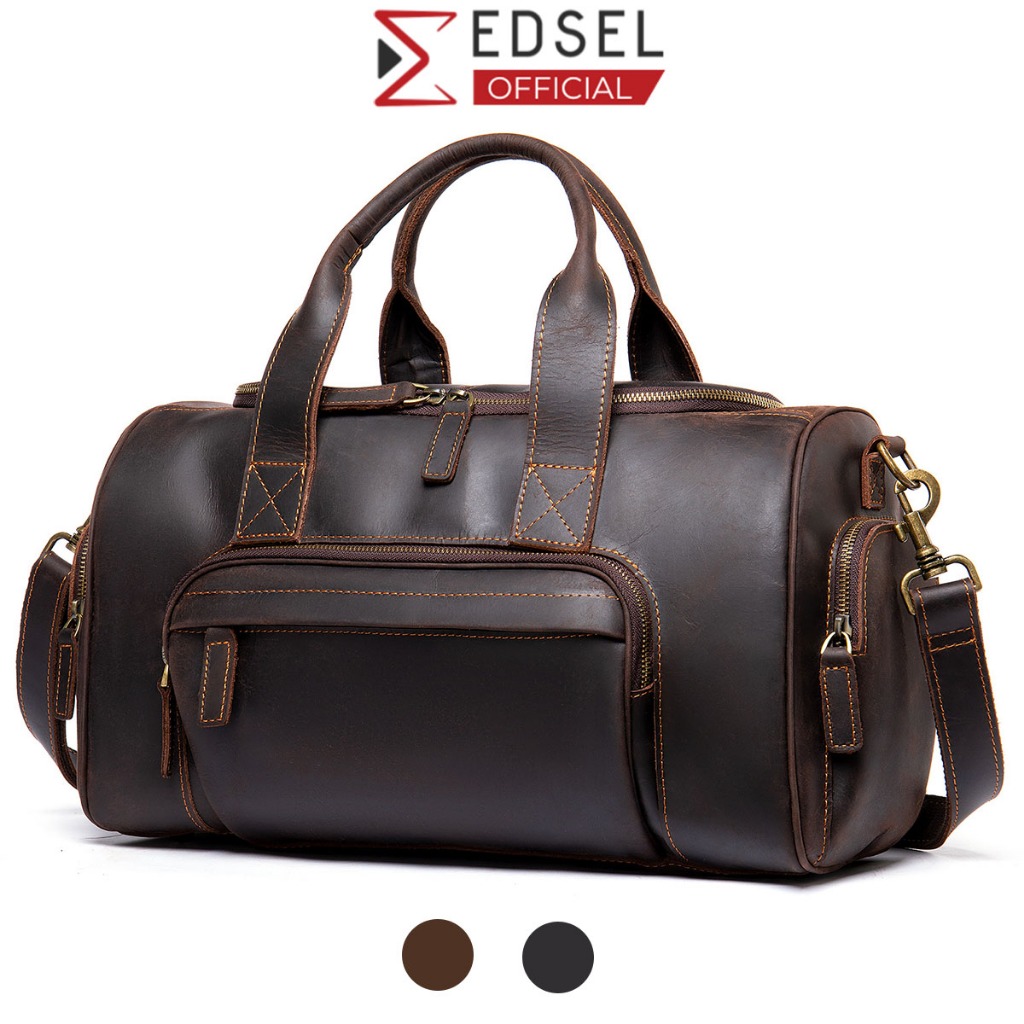 Túi du lịch nam da bò sáp thật cỡ lớn chính hãng EDSEL đựng quần áo có dây đeo chéo, quai xách cao cấp TDL7558