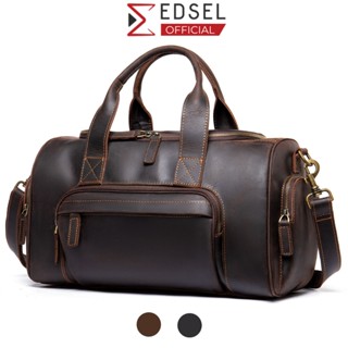 Túi du lịch nam da bò sáp thật cỡ lớn chính hãng EDSEL đựng quần áo có dây đeo chéo, quai xách cao cấp TDL7558