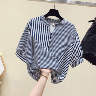 Áo sơ mi nữ cổ tàu ngắn tay kẻ sọc (có dây rút eo), chất vải thô hàn cotton mềm mại thoáng mátS2399