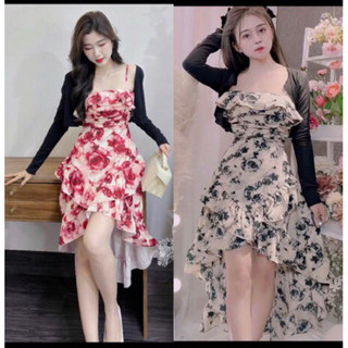 Q300 Set Đầm Nữ 2 Món Gồm Đầm Hai Dây Phối Bèo Tà Đuôi Cá Mix Áo Khoác Bèo Tôn Dáng Cho Các Nàng Mặc Đi Biển, Đi Chơi