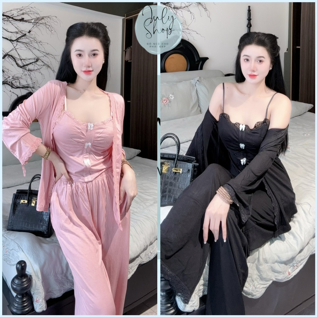 Đồ Bộ Mặc Nhà JULY, Set 3 Món Phối Nơ Trắng Chất Thun Cotton Lạnh Co Giãn 4 Chiều <55kg