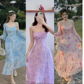 Q221 - Set Đầm Nữ Đi Chơi 2 Món Gồm Đầm Hai Dây Phối Tà Xếp Ly Và Áo Khoác Tay Dài cho Các Nàng Mặc Đi Biển, Đi Du Lịch