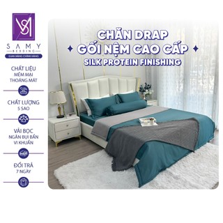 Bộ Chăn Ga Gối Lụa Tencel Coolsilk SAMY BEDDING Xanh trơn Tối giản Sang trọng
