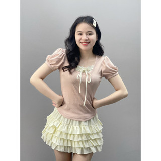 Set áo coquette cổ tròn thắt nơ ngắn tay phong cách brandy hàn quốc phối chân váy ngắn xếp ly 4 tầng nữ hottrend DELIZ 