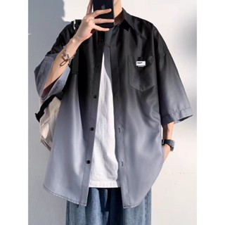  Áo sơ mi tay ngắn nam nữ đều mặc được form rộng chất vải lụa Hàn loang màu mát mẻ 