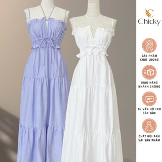 Đầm maxi phối bèo hở lưng basic thời trang hot hit dành cho các nàng đi biển, du lịch xinh xắn nàng thơ