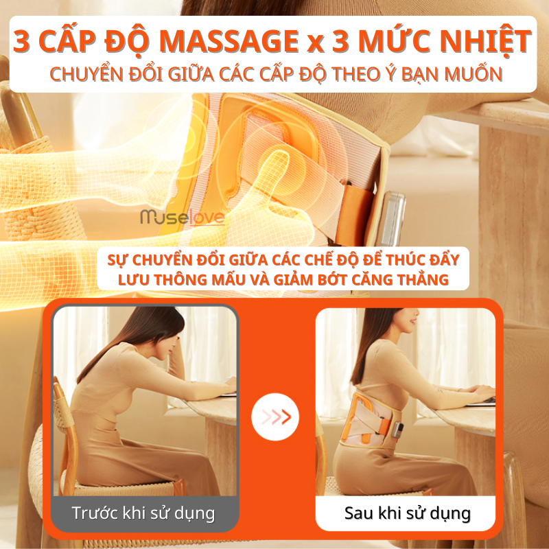 Đai Massage Lưng MUSELOVE Mát Xa Rung Làm Nóng Giảm Đau Lưng, Hỗ Trợ Thoát Vị Đĩa Đệm Thoái Hóa Cột Sống Chính Hãng