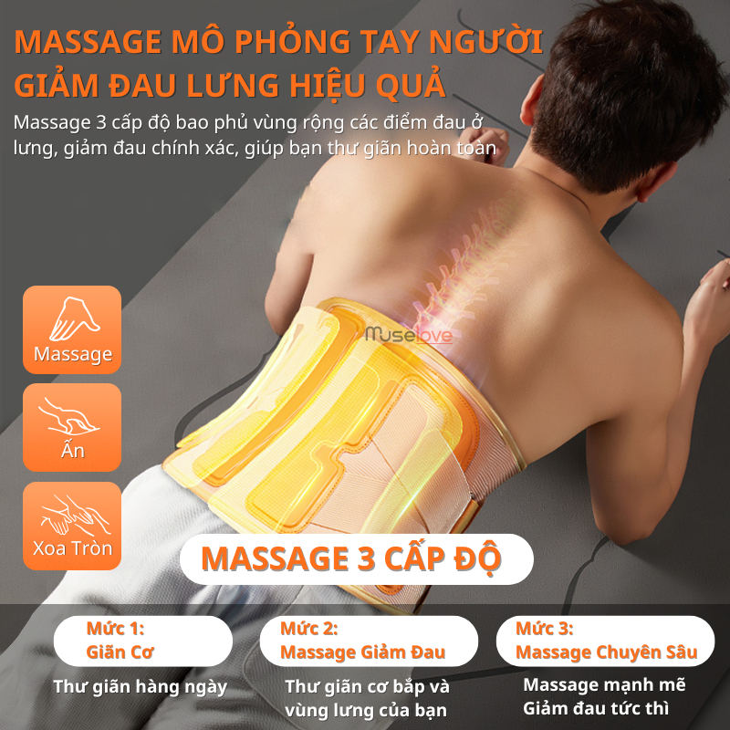 Đai Massage Lưng MUSELOVE Mát Xa Rung Làm Nóng Giảm Đau Lưng, Hỗ Trợ Thoát Vị Đĩa Đệm Thoái Hóa Cột Sống Chính Hãng