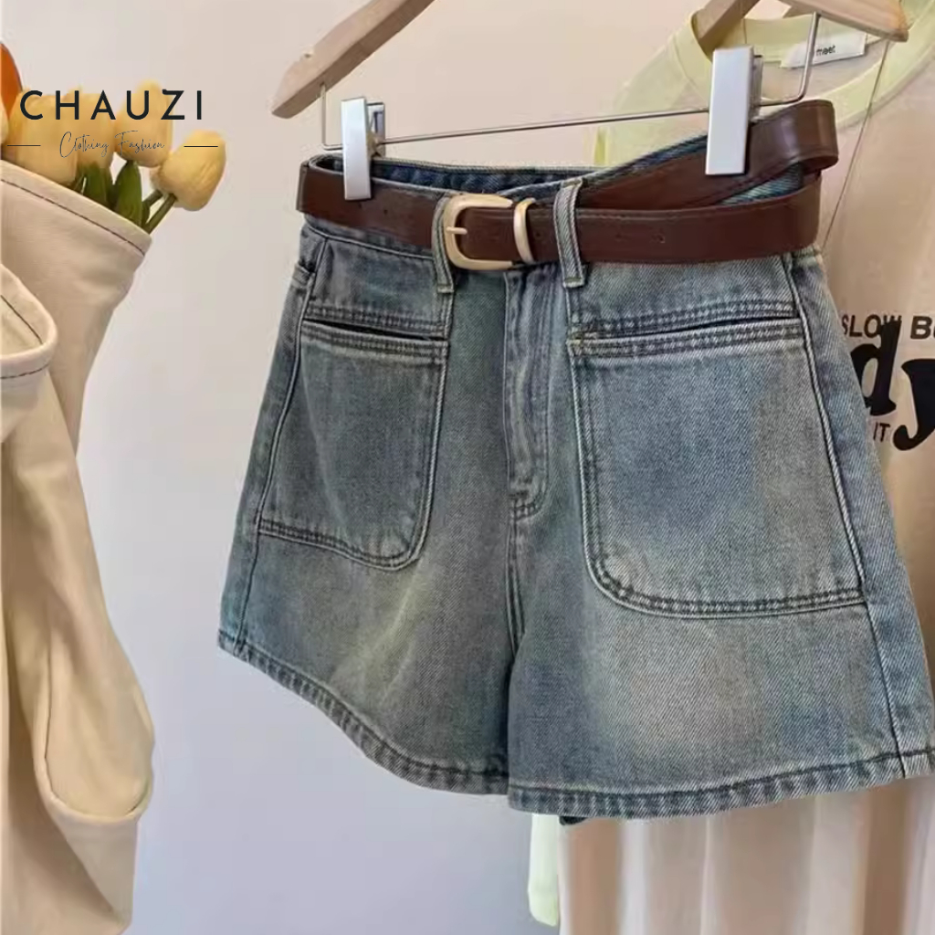 Quần Short Denim Chauzi Lưng Cao Phối Túi Trước Kèm Đai Cho Nữ Cao Cấp Phong Cách Thời Trang Hàn Quốc QD247 BIGSIZE | BigBuy360 - bigbuy360.vn