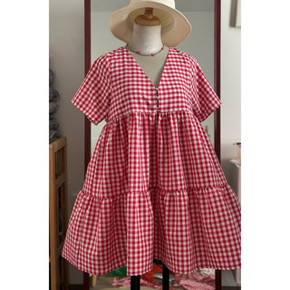 Đầm babydoll hoạ tiết caro đỏ tay ngắn dáng xoè bồng bềnh