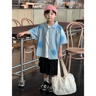  MOJI KIDS  FORM RỘNG  ÁO SƠ MI LOANG XANH ĐẠM NHẠT PHỐI PHONG CÁCH CHO BÉ 