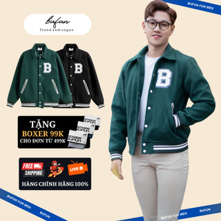 Áo khoác Varsity BUFUN áo khoác unisex Full dạ co giãn Nam Nữ cổ bẻ thêu xù 2 lớp cao cấp