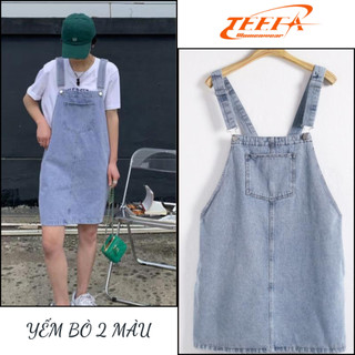 Yếm váy jean nữ dáng ngắn phối túi lớn trước ngực dịu dàng nữ tính phong cách Hàn Quốc, Yếm Jean
