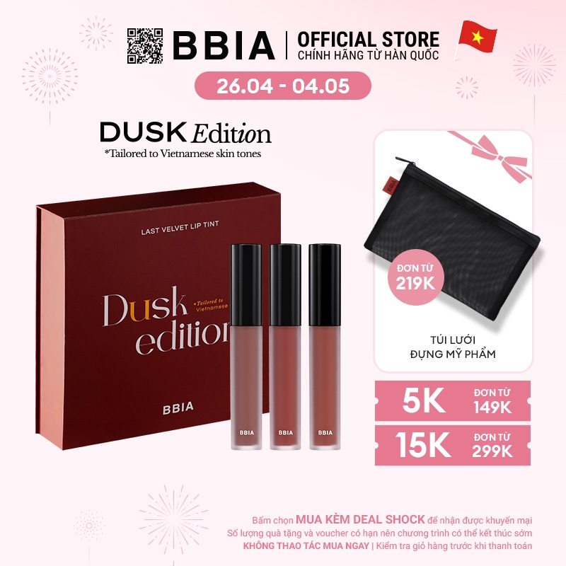 Trọn Bộ 3 Son Kem Lì Bbia Last Velvet Lip Tint - Dusk Edition (5g x3) kèm 1 Đế đỡ điện thoại