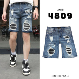  Quần short nam  Amiri xanh vá gối da mềm quần jean nam xanh hàng Quảng Châu chất denim dày dặn thoáng mát 4809 