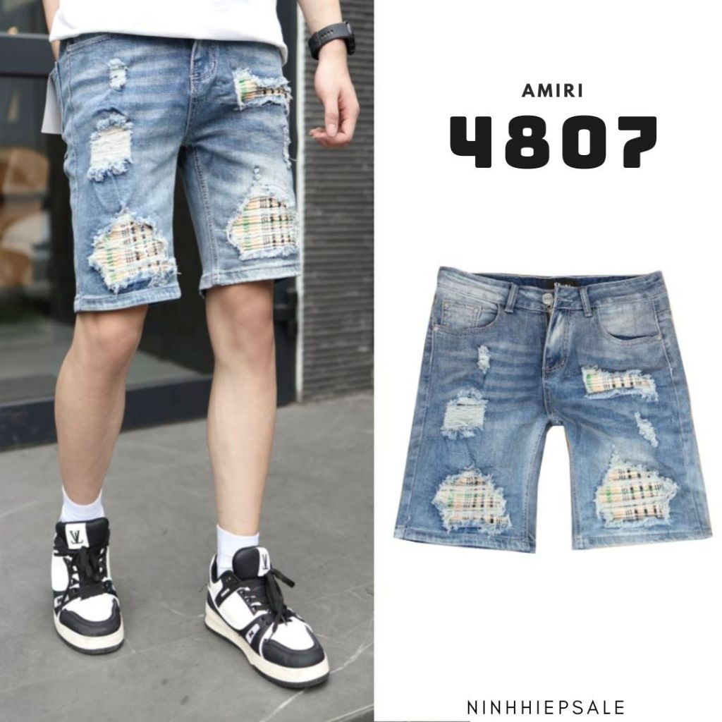 Quần short nam Amiri xanh vá chun đùi vàng quần jean nam hàng Quảng Châu chất denim co dãn thoải mái 4807 