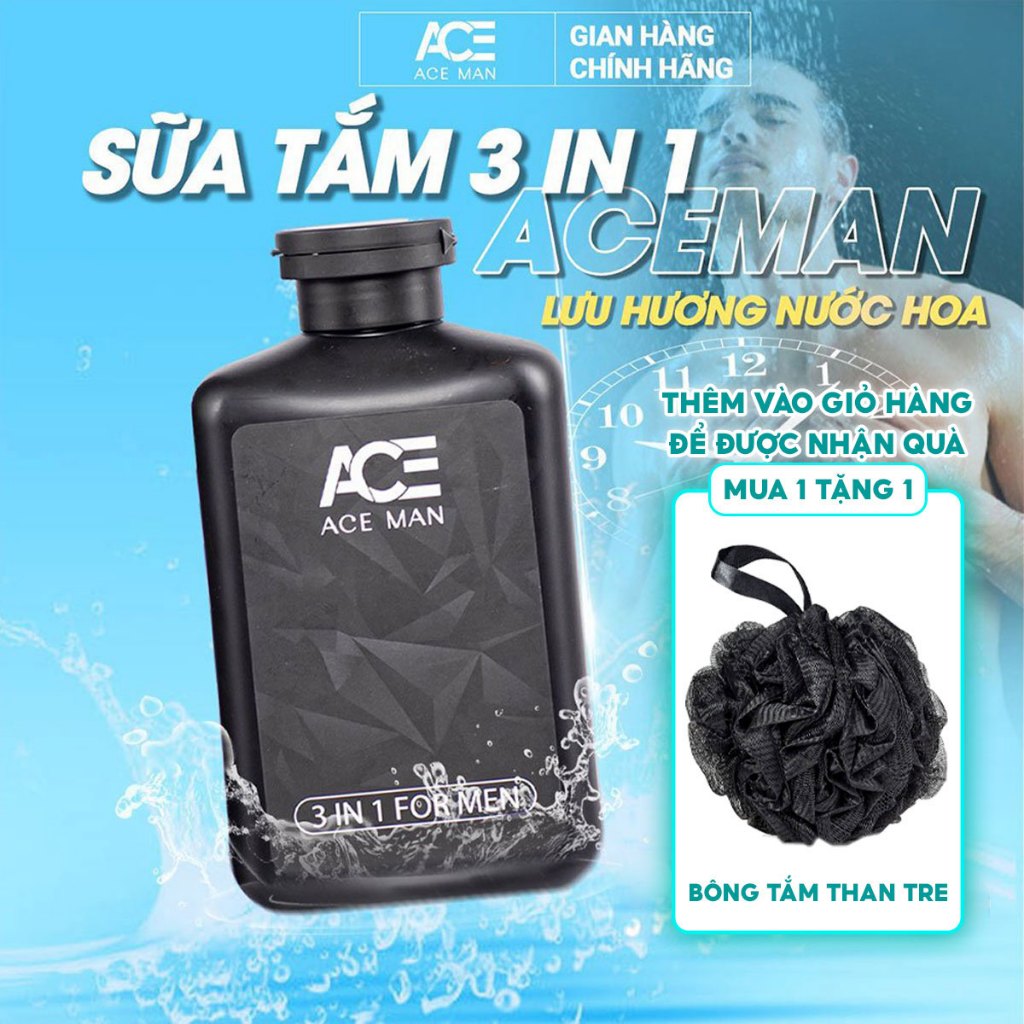 Sữa tắm nam 3 in 1 ACEMAN 320ML tắm gội toàn thân hương nước hoa nam tính lôi cuốn Tặng bông tắm