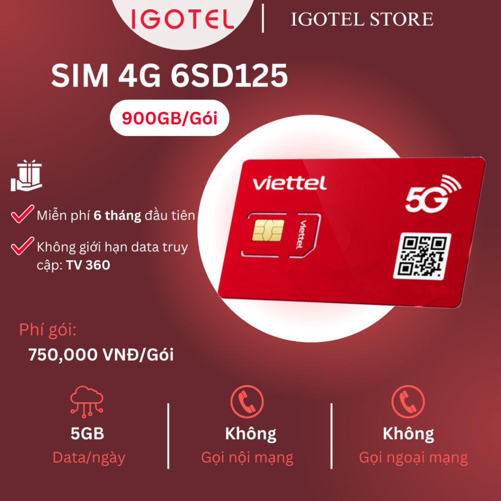 [GÓI 6T] SIM M2M 4G VIETTEL 6SD125-...-6SD200(1800GB/Tháng). Dùng cho các thiết bị: Điện thoại,Ipad,