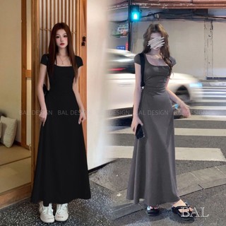 Đầm váy tay hến cổ vuông chiết eo dáng xòe dài, Váy tay ngắn hở cổ body dáng dài vintage thanh lịch đơn giản