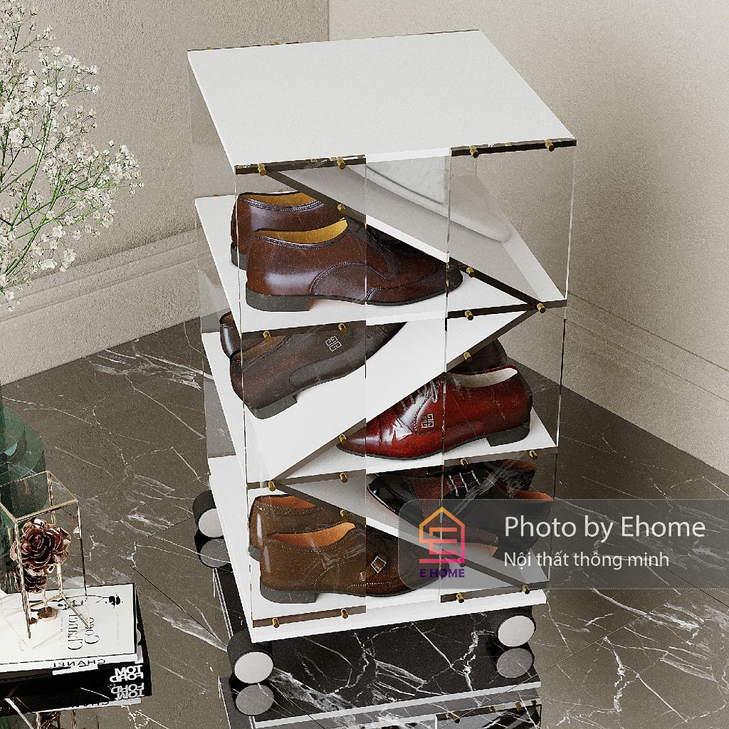Kệ Giày Xoay 360, Kệ mica gỗ EHOME, màu trắng màu gỗ sồi, có bánh