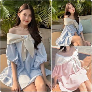 Đầm váy trễ vai viền bèo phối nơ thắt nơ tiểu thư điệu đà ❤ Đầm ngang vai tay bồng xanh hồng phối nơ