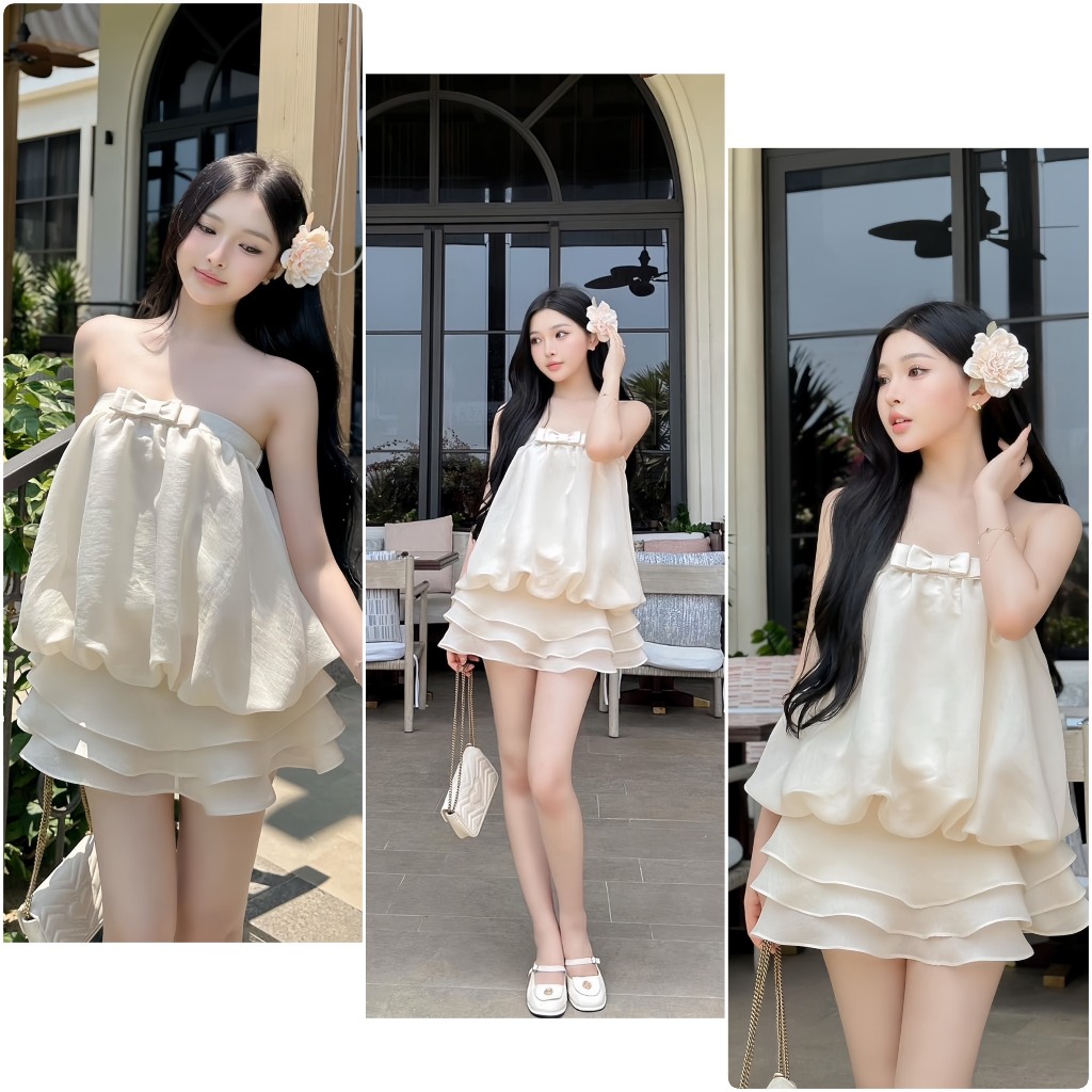 Set Áo Dáng Bồng Trễ Vai Kèm Chân Váy Xòe 3 Tầng - Bộ Áo Cúp Ngang Vai Đính Nơ Ngực Kèm Chân Váy Tầng Voan Tơ
