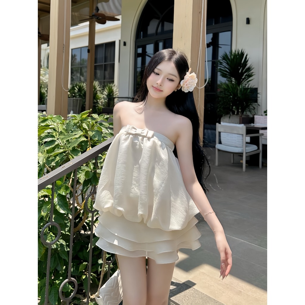 Set Áo Dáng Bồng Trễ Vai Kèm Chân Váy Xòe 3 Tầng - Bộ Áo Cúp Ngang Vai Đính Nơ Ngực Kèm Chân Váy Tầng Voan Tơ | BigBuy360 - bigbuy360.vn