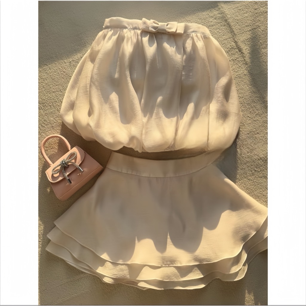 Set Áo Dáng Bồng Trễ Vai Kèm Chân Váy Xòe 3 Tầng - Bộ Áo Cúp Ngang Vai Đính Nơ Ngực Kèm Chân Váy Tầng Voan Tơ | BigBuy360 - bigbuy360.vn